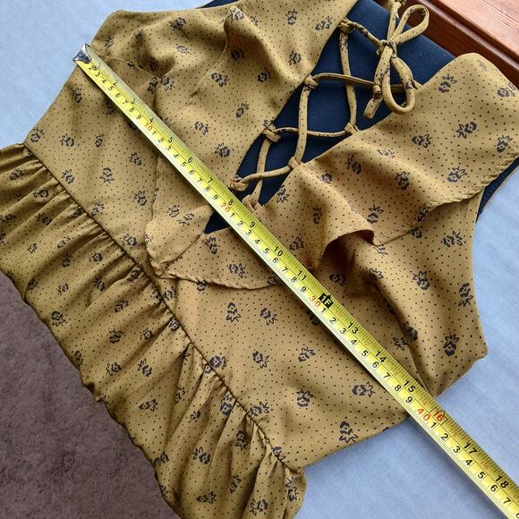 UO Kimchi Blue Mustard Lace up Dress 4 floral ruffles olive corset style front - Picture 8 of 13